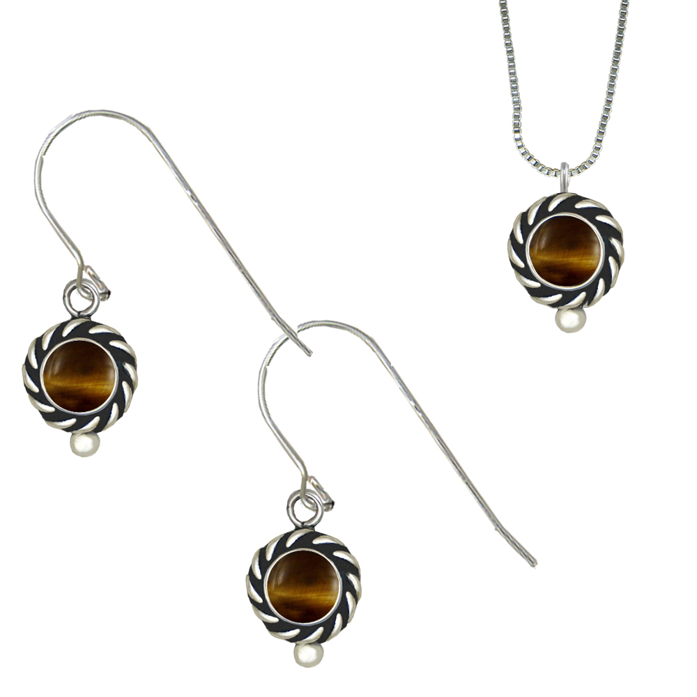 Sterling Silver Petite Necklace Earrings Set Tiger Eye